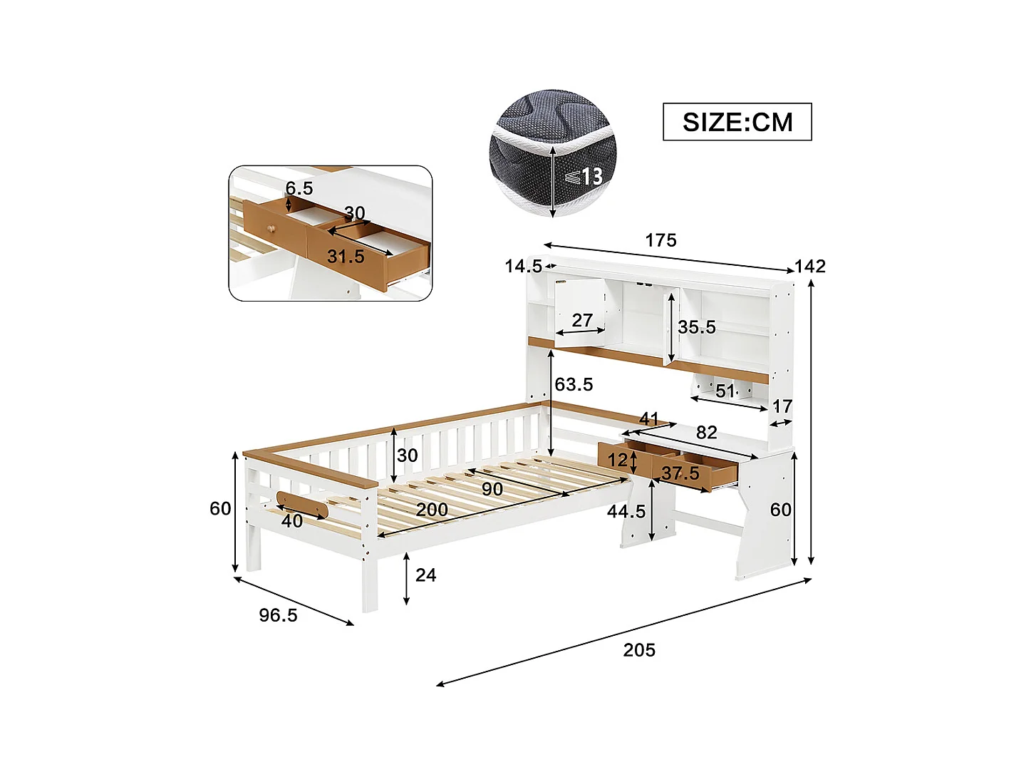 Combinatiebed 90x200, kinderbed met opbergkast, bureau en lades met veiligheidsplaat en lattenbodem, L-vormig frame van grenen en wit en naturel MDF