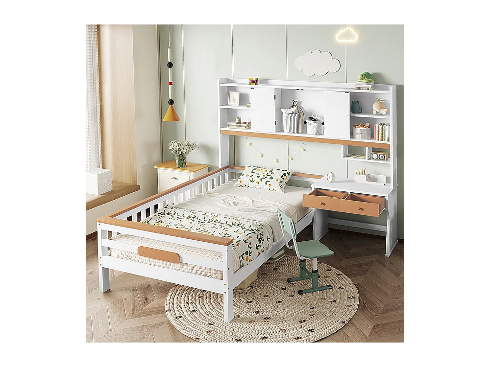 Combinatiebed 90x200, kinderbed met opbergkast, bureau en lades met veiligheidsplaat en lattenbodem, L-vormig frame van grenen en wit en naturel MDF
