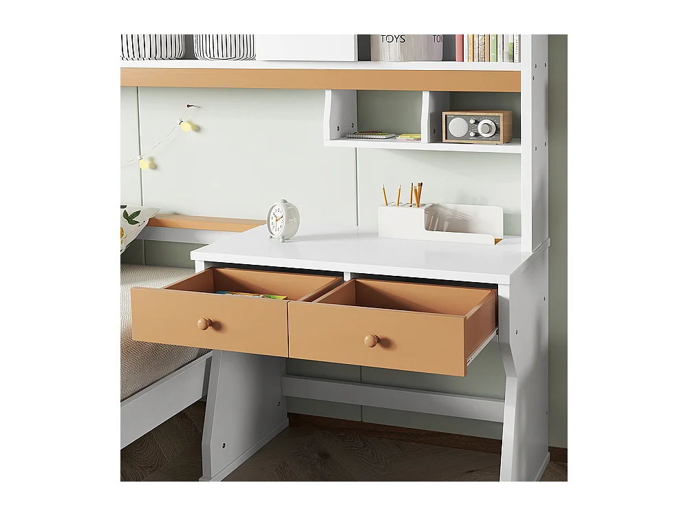 Combinatiebed 90x200, kinderbed met opbergkast, bureau en lades met veiligheidsplaat en lattenbodem, L-vormig frame van grenen en wit en naturel MDF