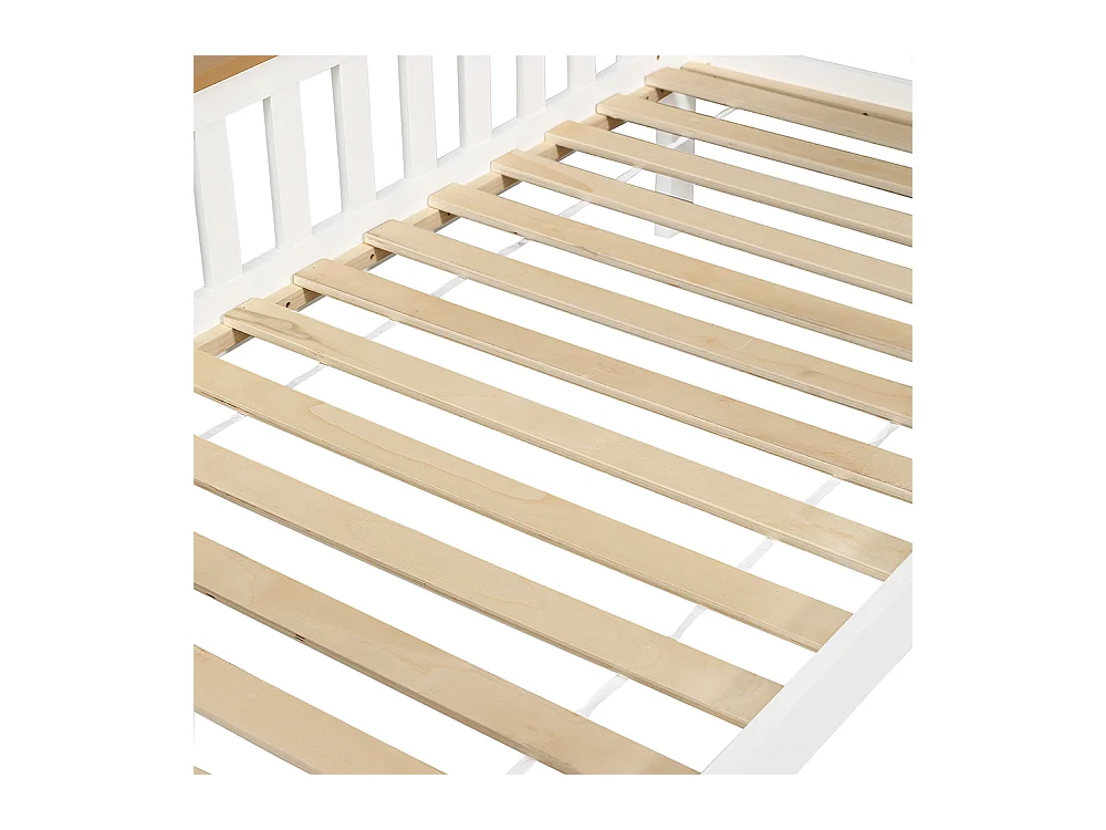 Combinatiebed 90x200, kinderbed met opbergkast, bureau en lades met veiligheidsplaat en lattenbodem, L-vormig frame van grenen en wit en naturel MDF