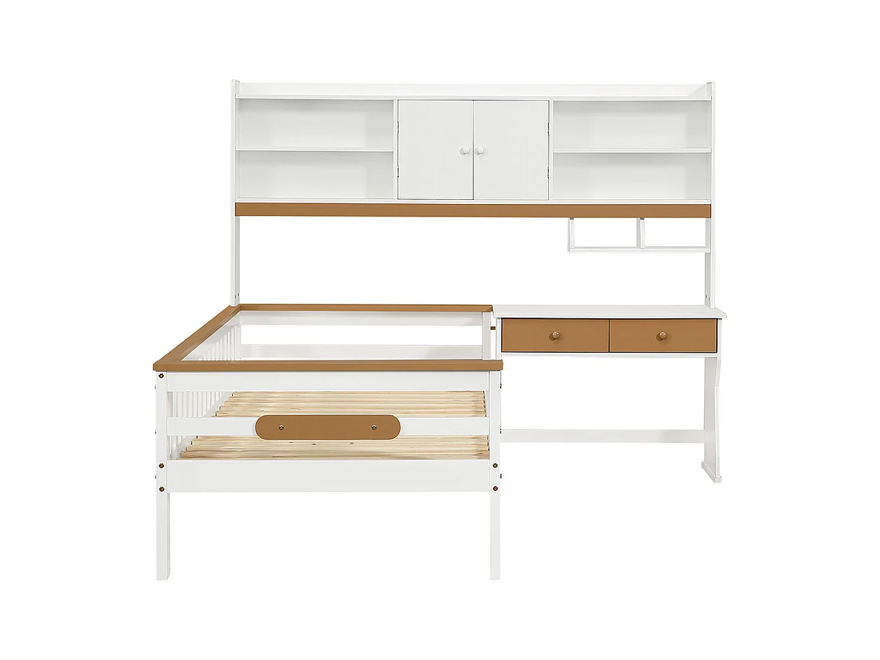 Combinatiebed 90x200, kinderbed met opbergkast, bureau en lades met veiligheidsplaat en lattenbodem, L-vormig frame van grenen en wit en naturel MDF