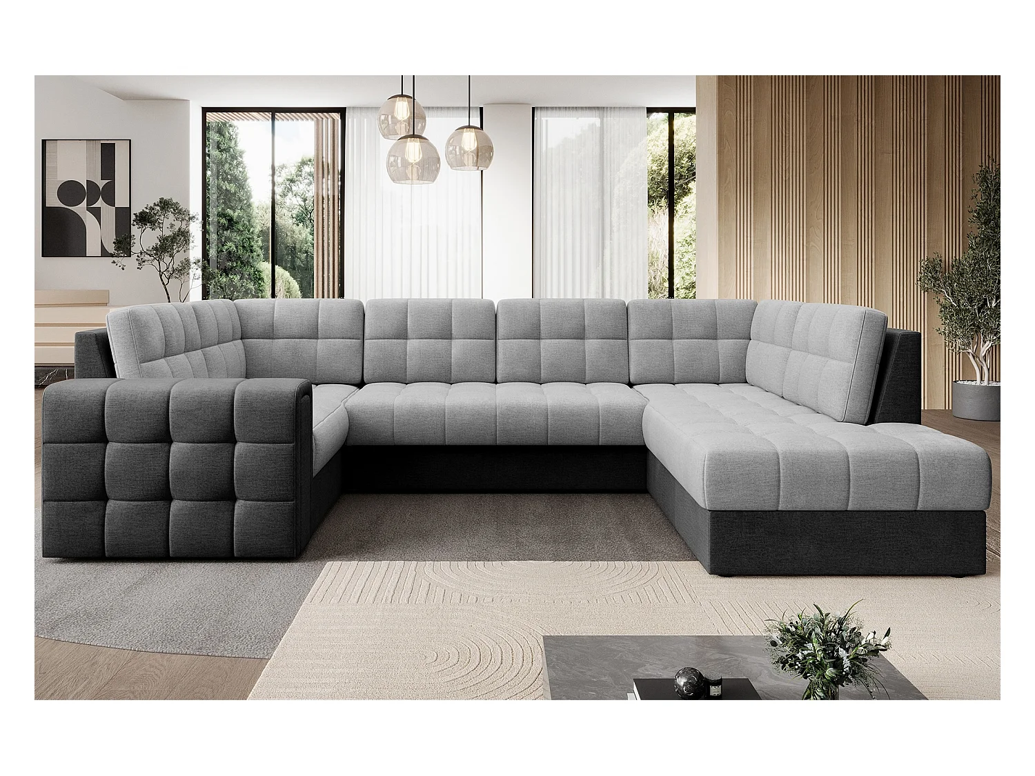 Canapé panoramique BLOOM tissu capitonné - Rangement et convertible-Gris foncé/Gris-Coffre de rangement à droite