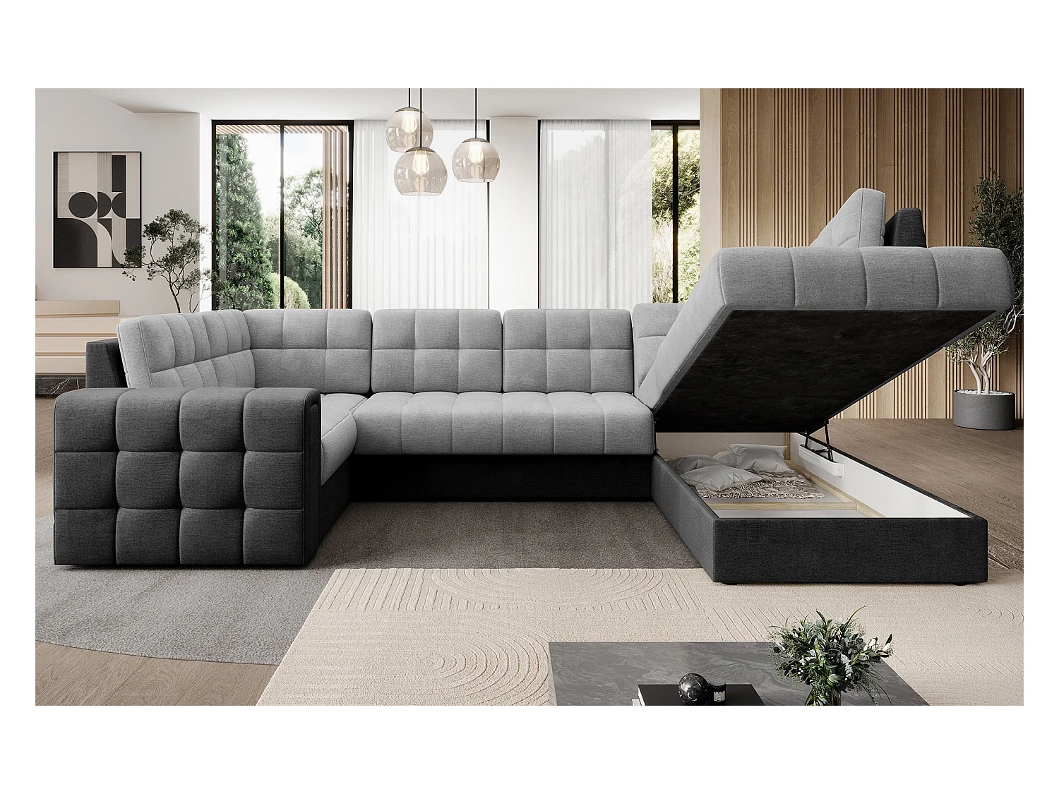 Canapé panoramique BLOOM tissu capitonné - Rangement et convertible-Gris foncé/Gris-Coffre de rangement à droite