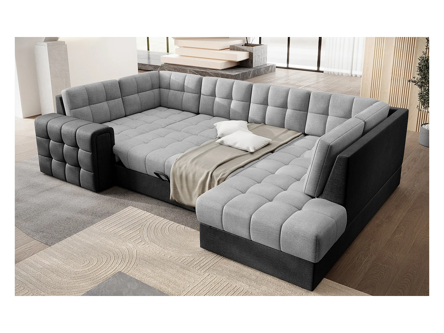 Canapé panoramique BLOOM tissu capitonné - Rangement et convertible-Gris foncé/Gris-Coffre de rangement à droite