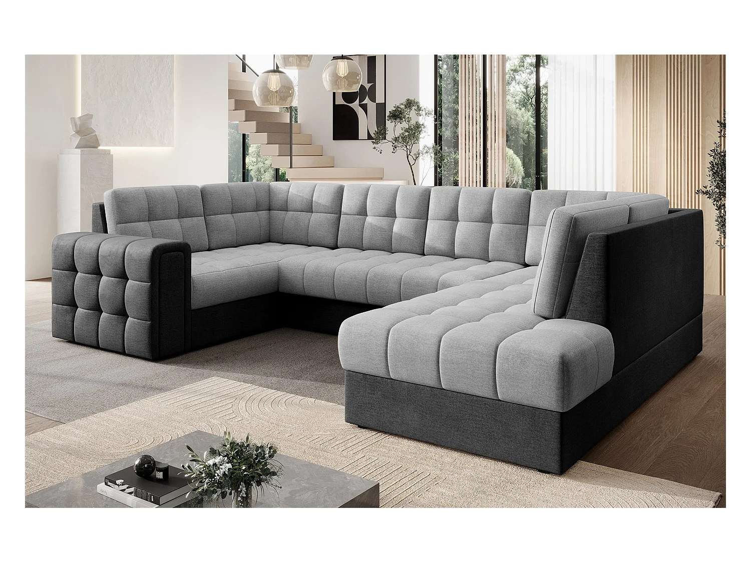 Canapé panoramique BLOOM tissu capitonné - Rangement et convertible-Gris foncé/Gris-Coffre de rangement à droite