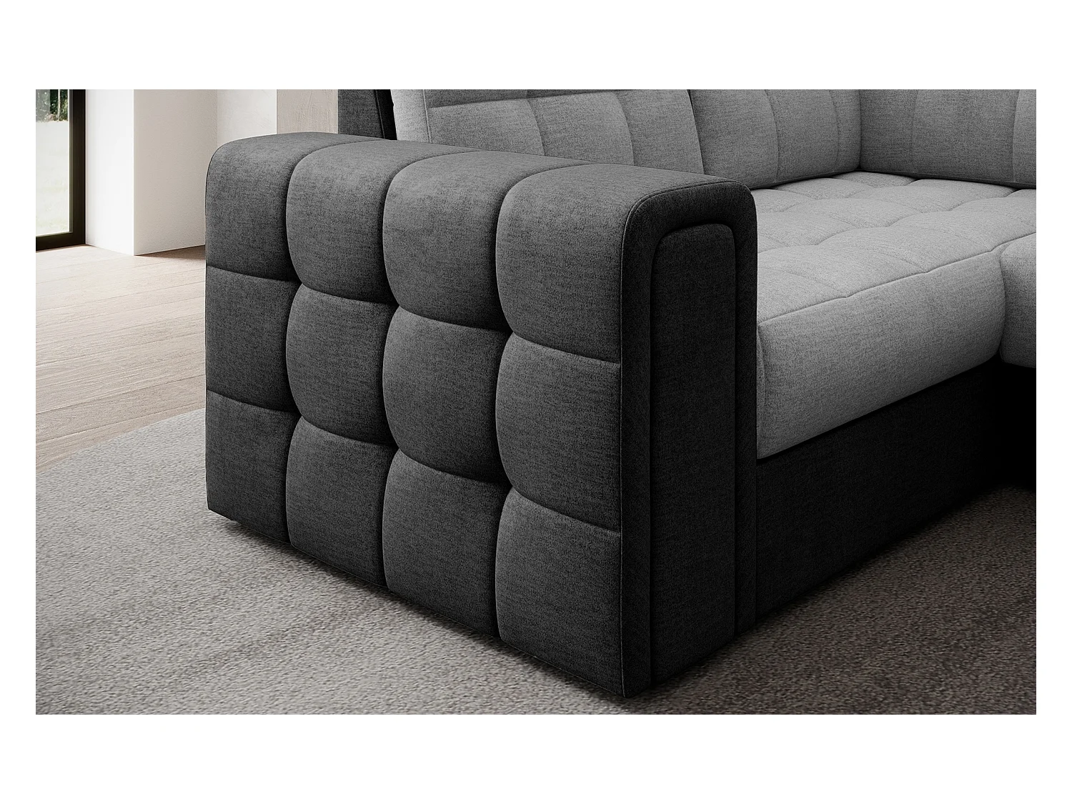 Canapé panoramique BLOOM tissu capitonné - Rangement et convertible-Gris foncé/Gris-Coffre de rangement à droite