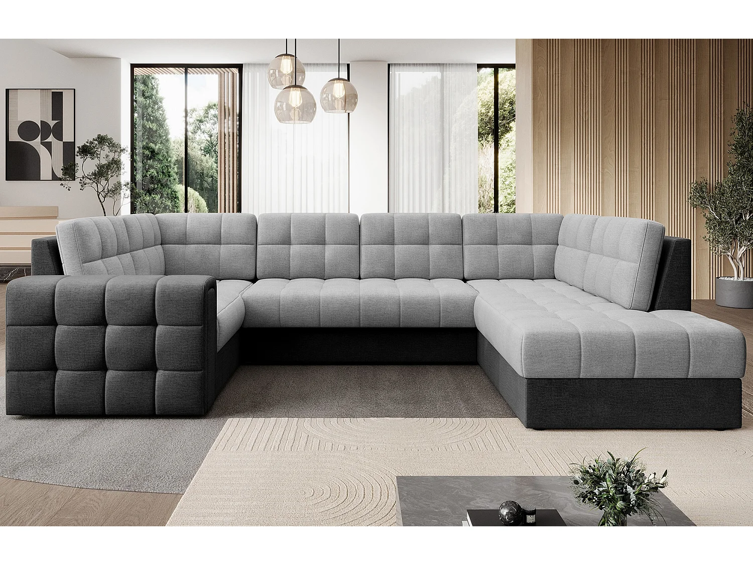 BLOOM panoramische bank in gestoffeerde stof - Opbergruimte en omvormbaar-Kleur -Opslagruimte naar rechts