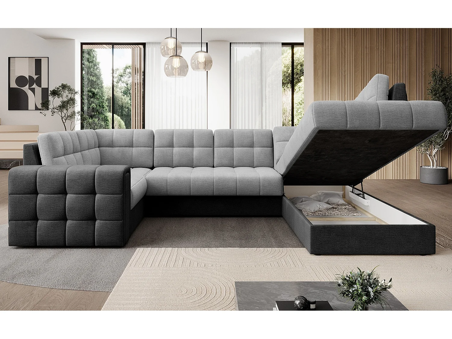 BLOOM panoramische bank in gestoffeerde stof - Opbergruimte en omvormbaar-Kleur -Opslagruimte naar rechts