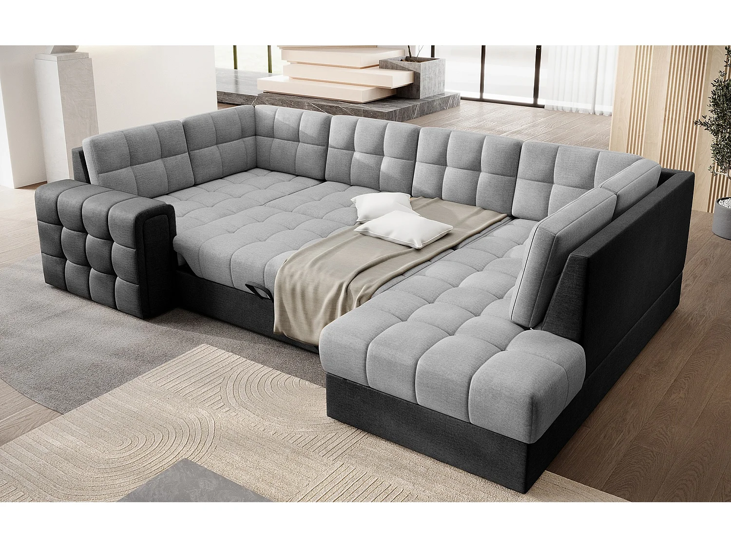 BLOOM panoramische bank in gestoffeerde stof - Opbergruimte en omvormbaar-Kleur -Opslagruimte naar rechts