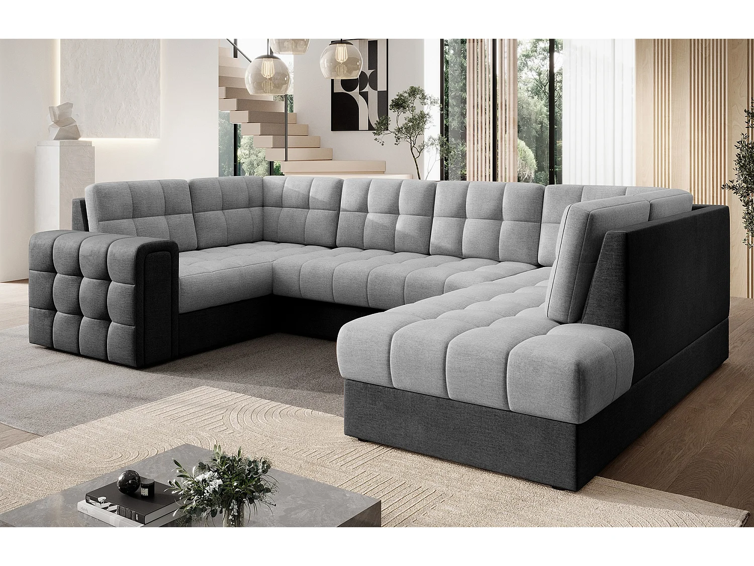 BLOOM panoramische bank in gestoffeerde stof - Opbergruimte en omvormbaar-Kleur -Opslagruimte naar rechts