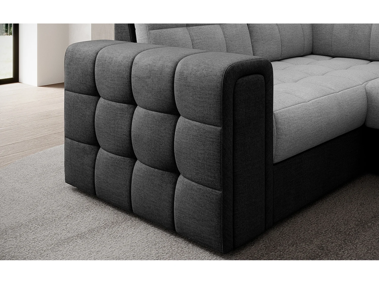 BLOOM panoramische bank in gestoffeerde stof - Opbergruimte en omvormbaar-Kleur -Opslagruimte naar rechts