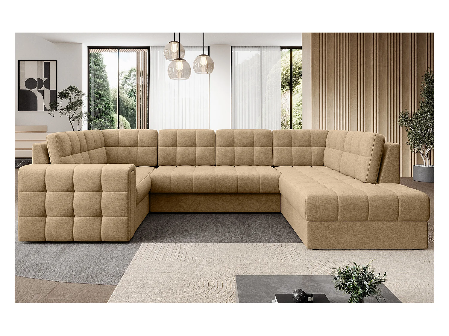 Canapé panoramique BLOOM tissu capitonné - Rangement et convertible-Beige foncé-Coffre de rangement à droite