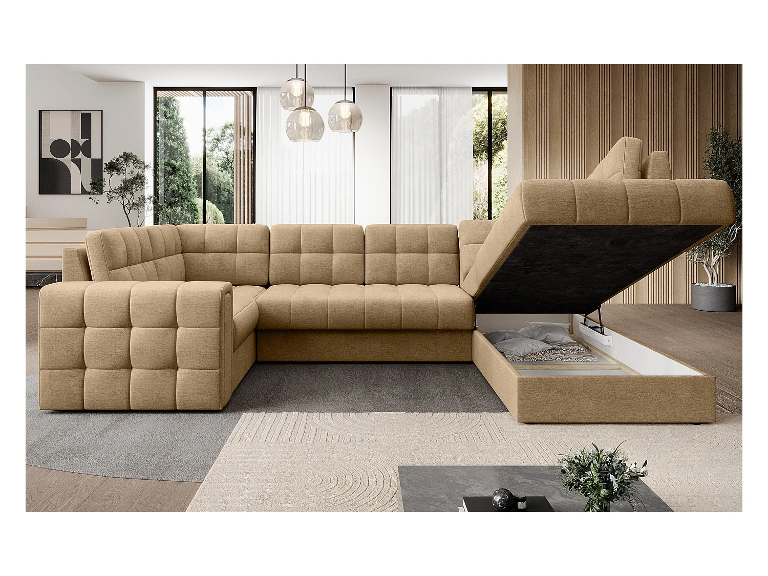 Canapé panoramique BLOOM tissu capitonné - Rangement et convertible-Beige foncé-Coffre de rangement à droite