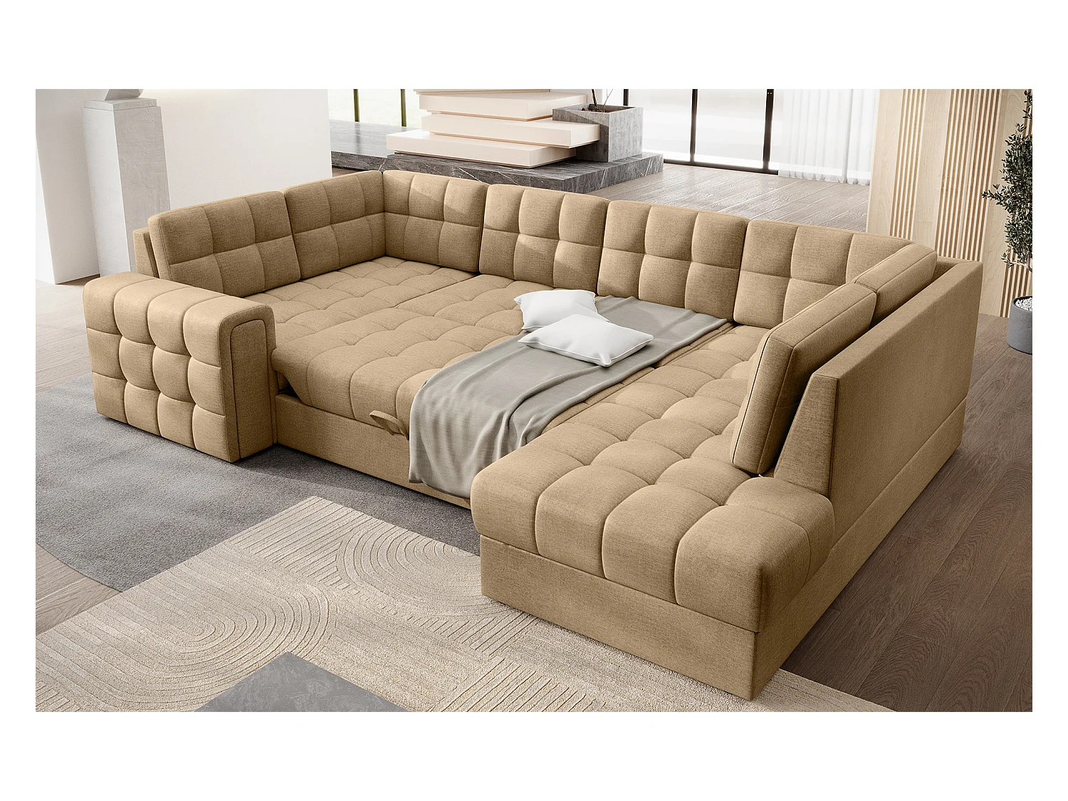 Canapé panoramique BLOOM tissu capitonné - Rangement et convertible-Beige foncé-Coffre de rangement à droite