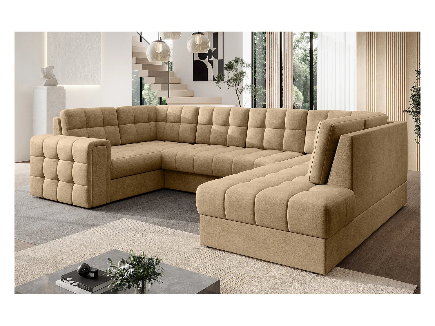 Canapé panoramique BLOOM tissu capitonné - Rangement et convertible-Beige foncé-Coffre de rangement à droite