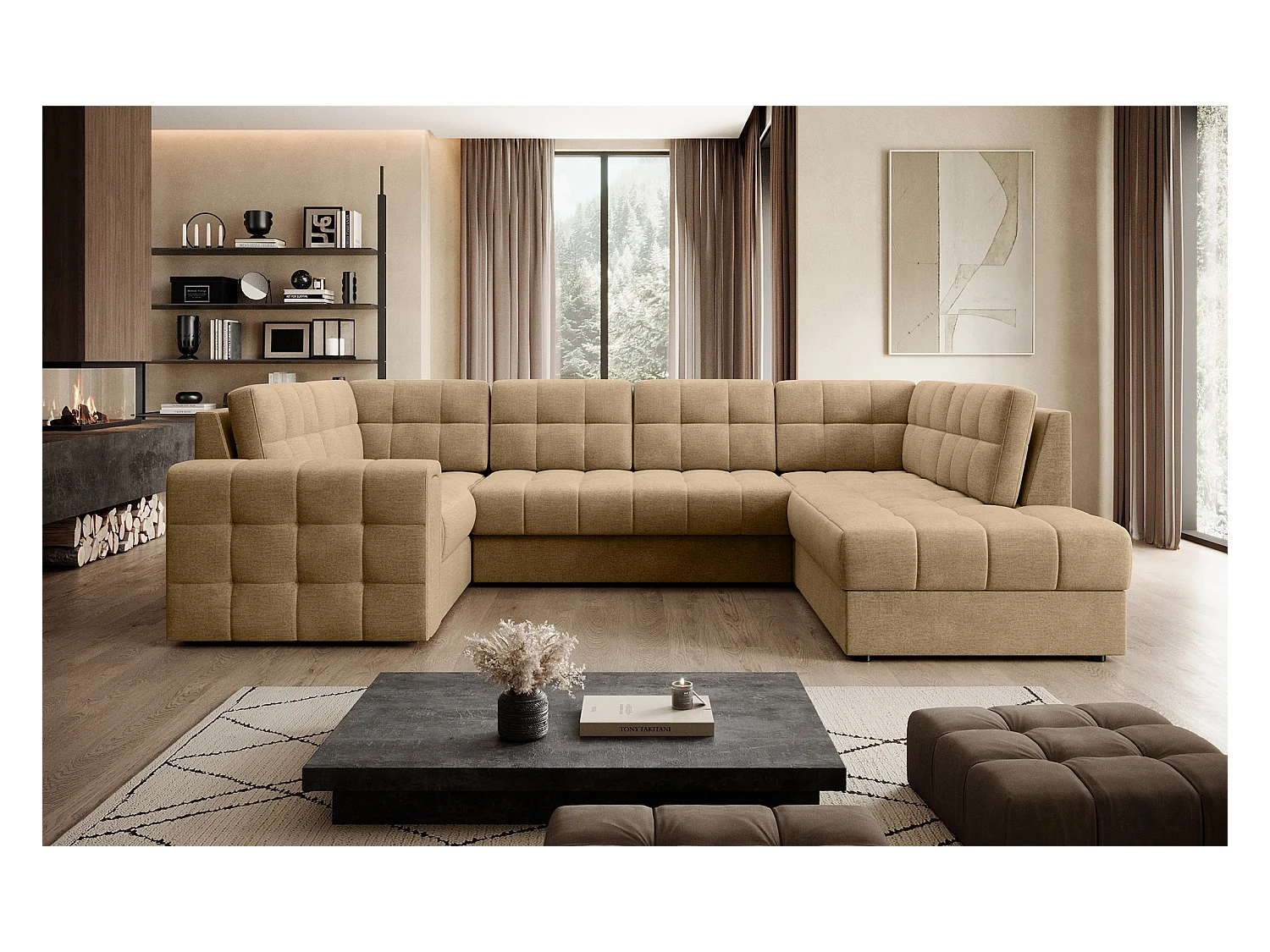 Canapé panoramique BLOOM tissu capitonné - Rangement et convertible-Beige foncé-Coffre de rangement à droite