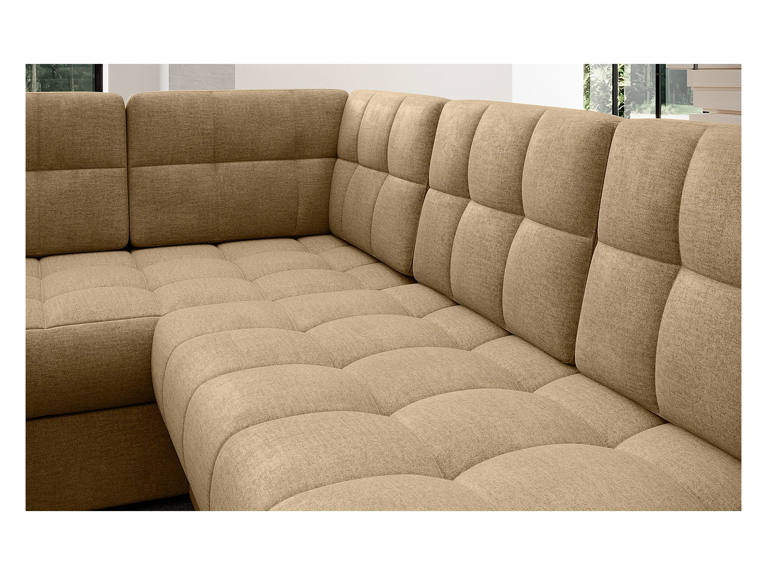 Canapé panoramique BLOOM tissu capitonné - Rangement et convertible-Beige foncé-Coffre de rangement à droite