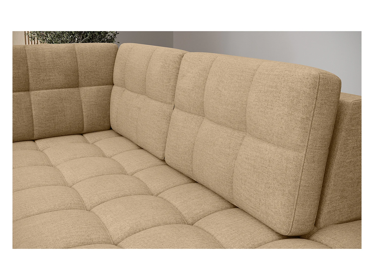 Canapé panoramique BLOOM tissu capitonné - Rangement et convertible-Beige foncé-Coffre de rangement à droite