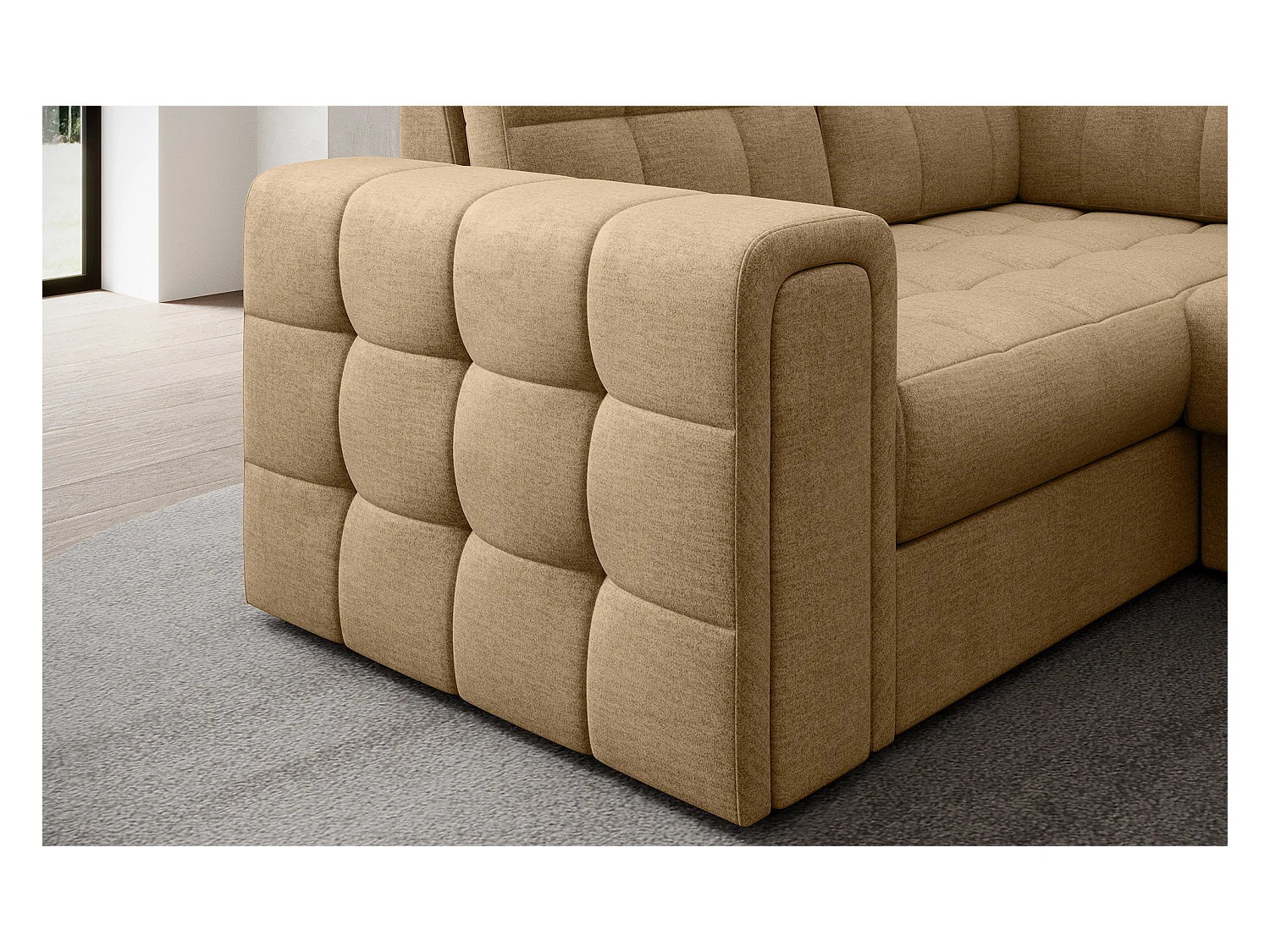 Canapé panoramique BLOOM tissu capitonné - Rangement et convertible-Beige foncé-Coffre de rangement à droite