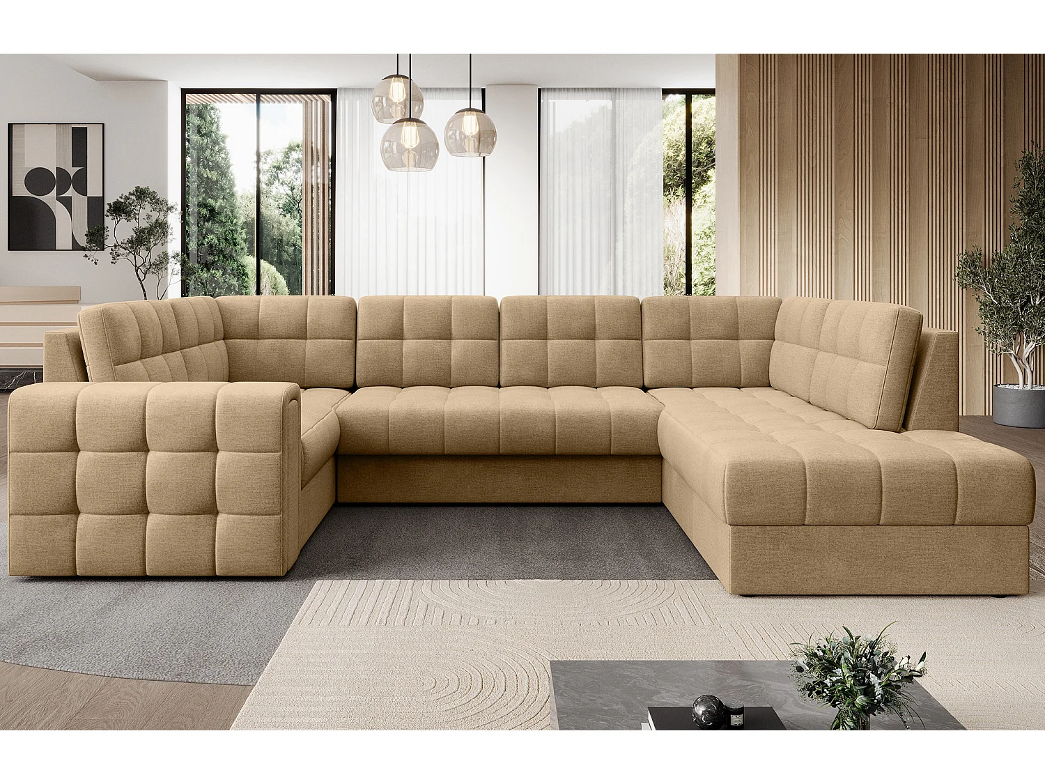 BLOOM panoramische bank in gestoffeerde stof - Opbergruimte en omvormbaar-Kleur Donker beige-Opslagruimte naar rechts