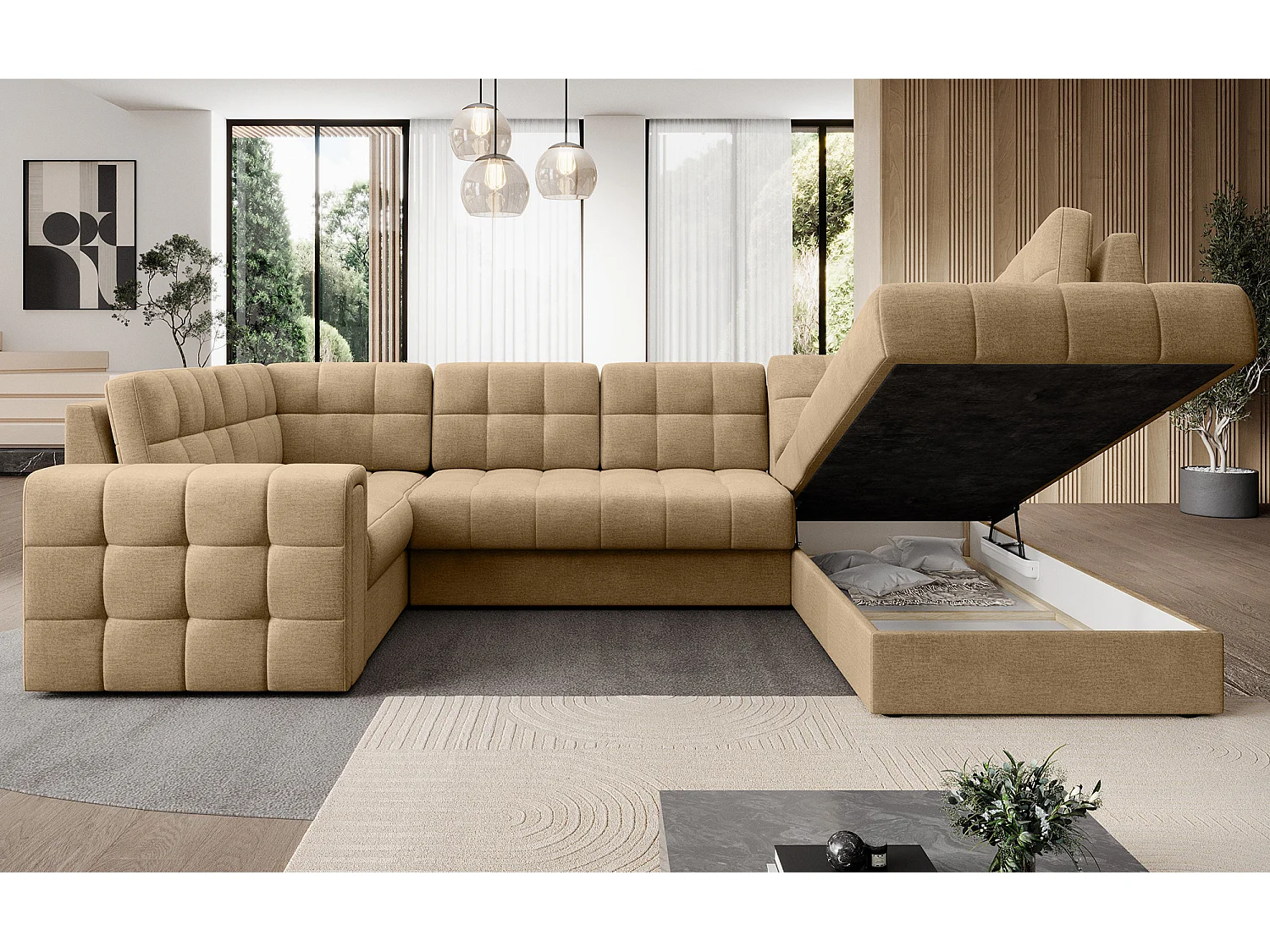 BLOOM panoramische bank in gestoffeerde stof - Opbergruimte en omvormbaar-Kleur Donker beige-Opslagruimte naar rechts