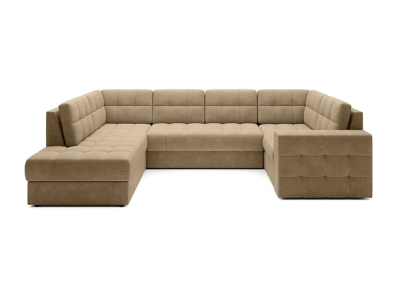 Canapé panoramique BLOOM tissu capitonné - Rangement et convertible-Beige foncé-Coffre de rangement à gauche