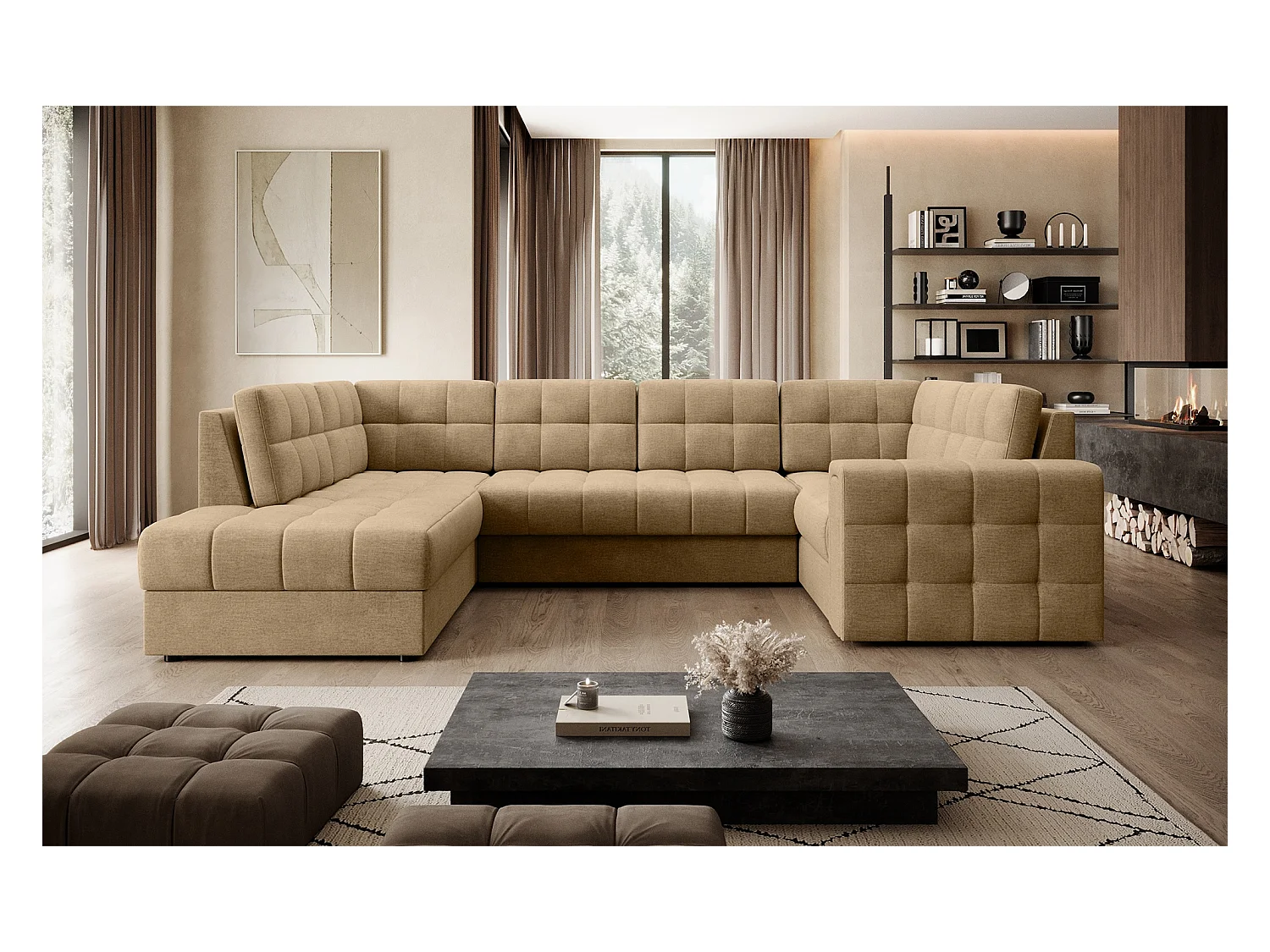 Canapé panoramique BLOOM tissu capitonné - Rangement et convertible-Beige foncé-Coffre de rangement à gauche