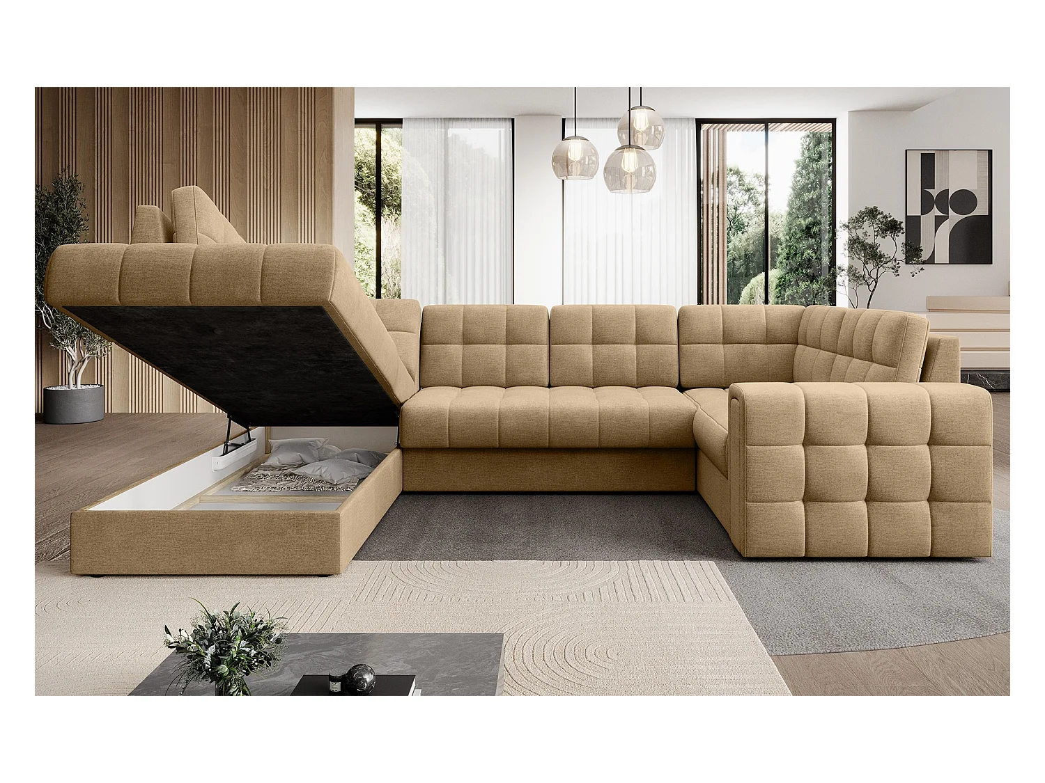 Canapé panoramique BLOOM tissu capitonné - Rangement et convertible-Beige foncé-Coffre de rangement à gauche
