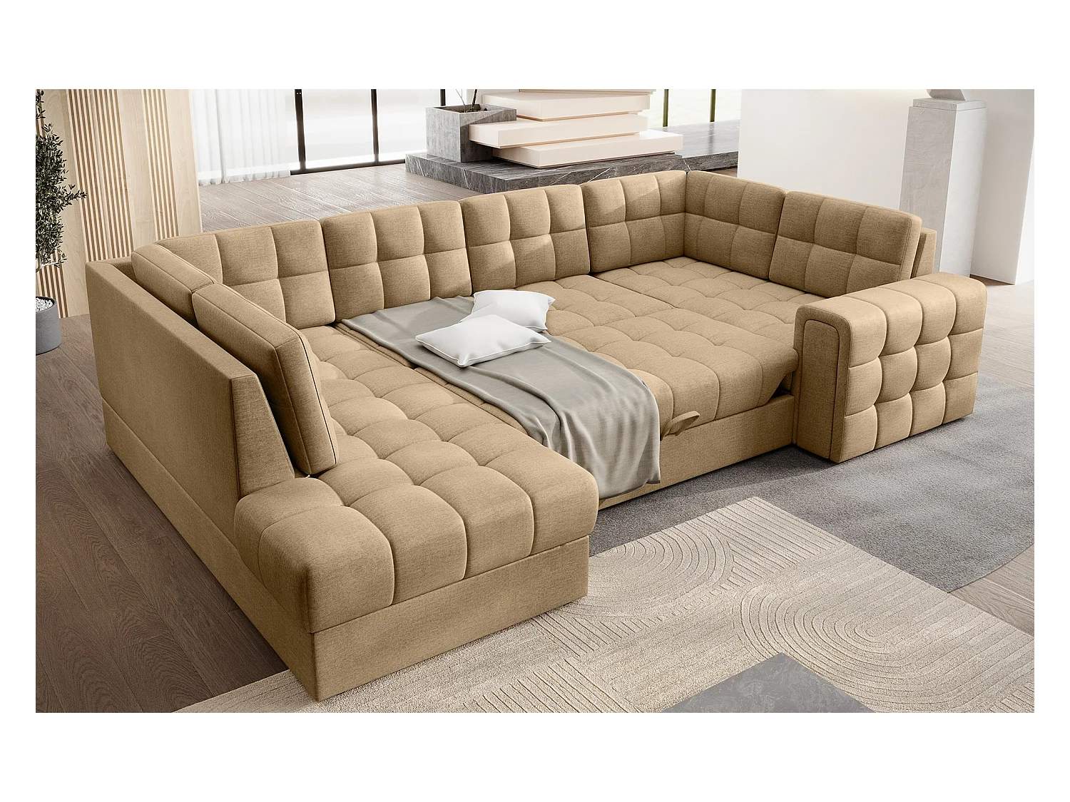 Canapé panoramique BLOOM tissu capitonné - Rangement et convertible-Beige foncé-Coffre de rangement à gauche