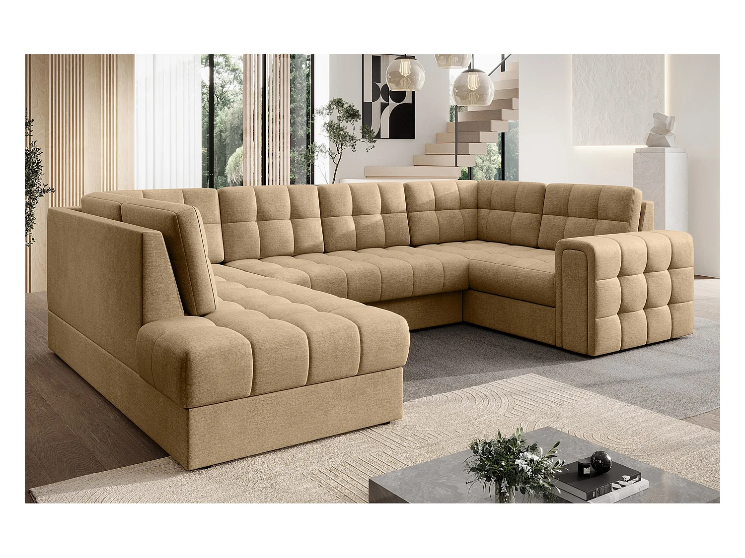 Canapé panoramique BLOOM tissu capitonné - Rangement et convertible-Beige foncé-Coffre de rangement à gauche