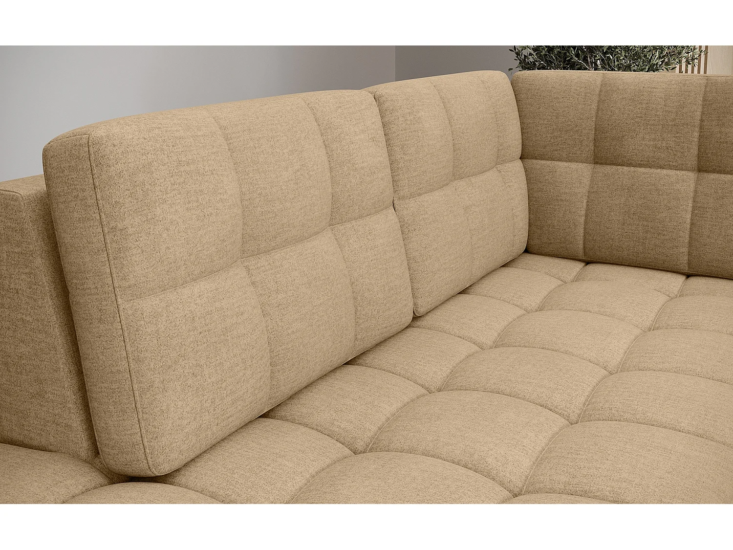 Canapé panoramique BLOOM tissu capitonné - Rangement et convertible-Beige foncé-Coffre de rangement à gauche