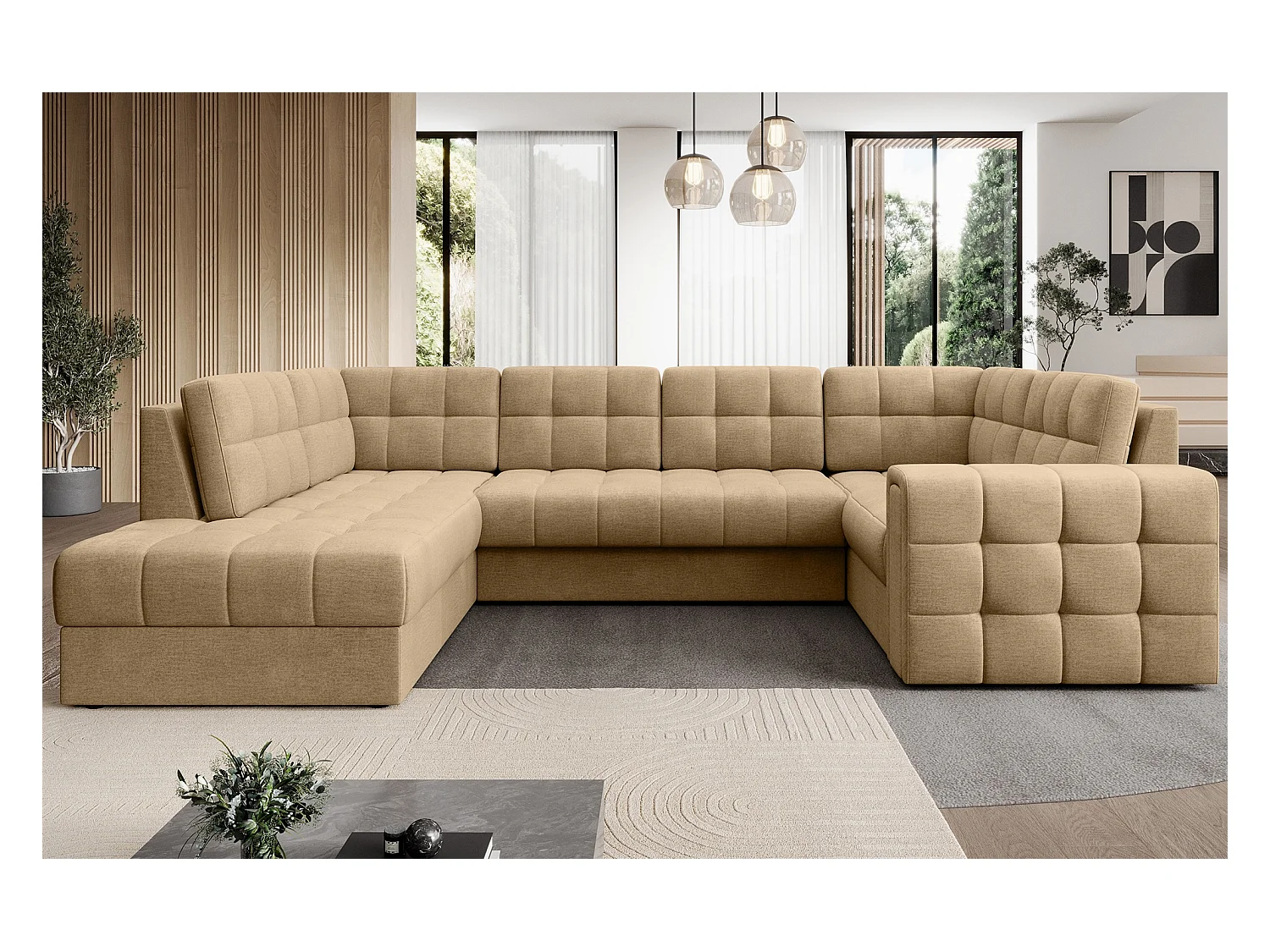 Canapé panoramique BLOOM tissu capitonné - Rangement et convertible-Beige foncé-Coffre de rangement à gauche