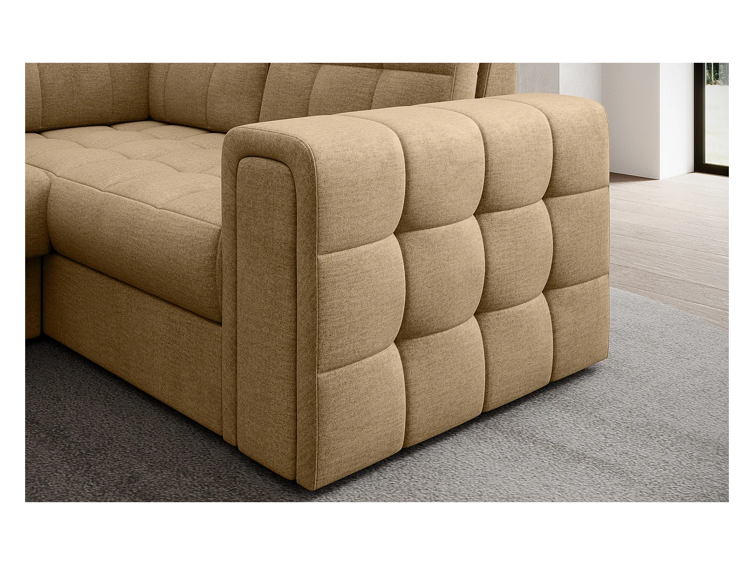 Canapé panoramique BLOOM tissu capitonné - Rangement et convertible-Beige foncé-Coffre de rangement à gauche