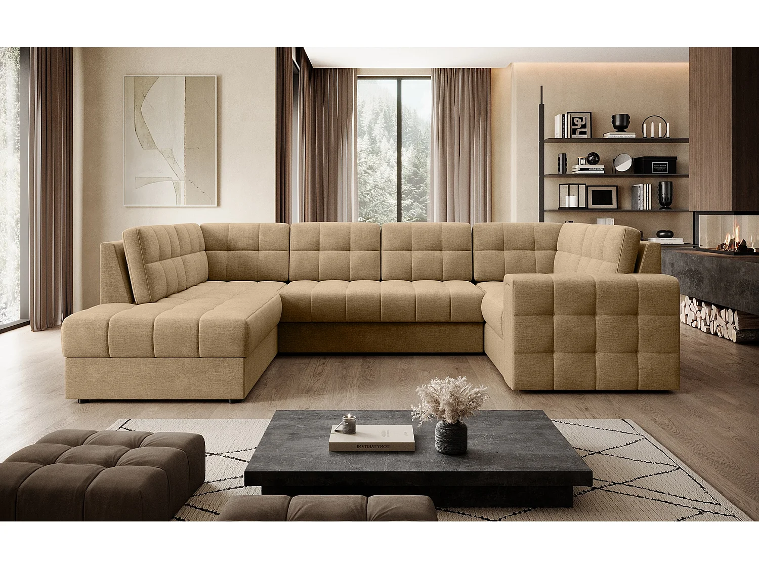 Canapé panoramique BLOOM tissu capitonné - Rangement et convertible-Beige foncé-Coffre de rangement à gauche