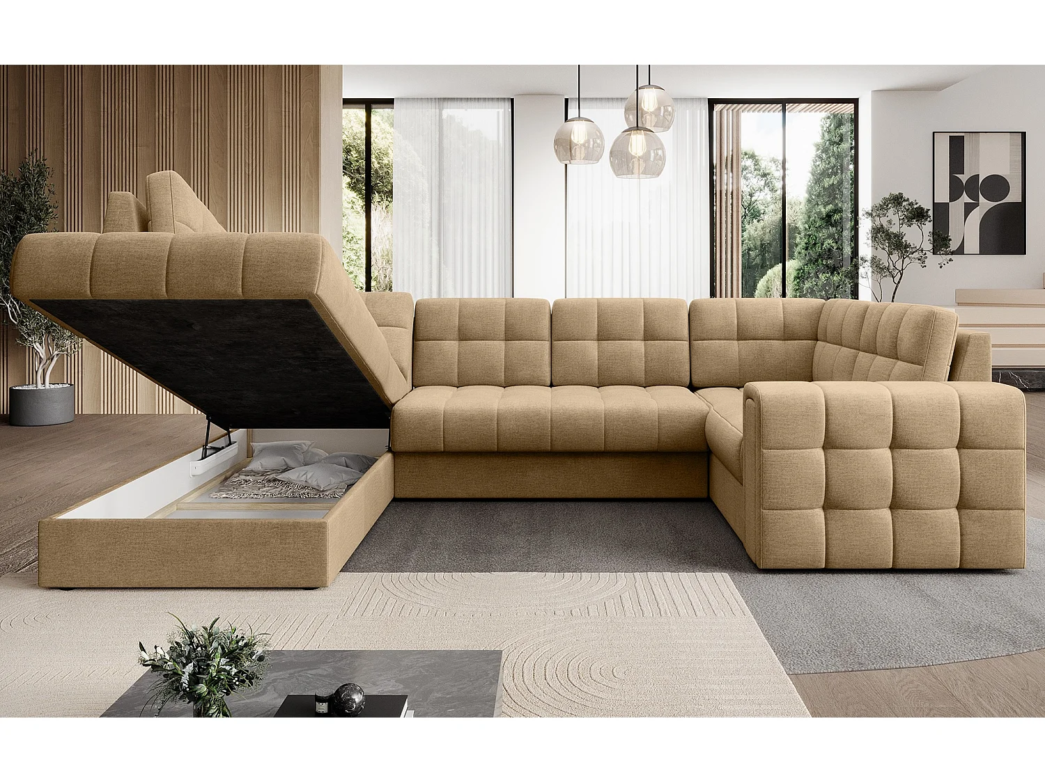 Canapé panoramique BLOOM tissu capitonné - Rangement et convertible-Beige foncé-Coffre de rangement à gauche