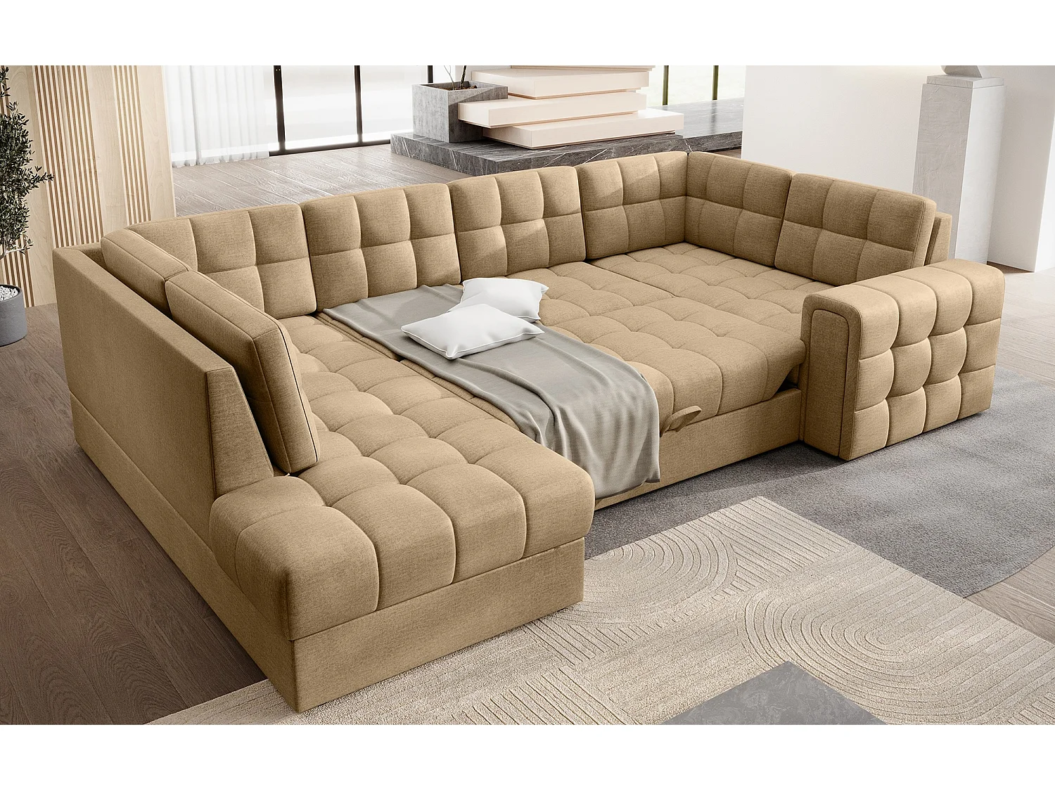 Canapé panoramique BLOOM tissu capitonné - Rangement et convertible-Beige foncé-Coffre de rangement à gauche