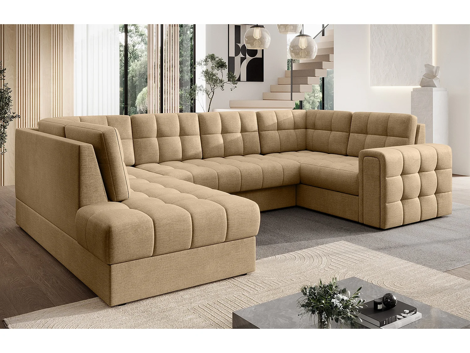 Canapé panoramique BLOOM tissu capitonné - Rangement et convertible-Beige foncé-Coffre de rangement à gauche