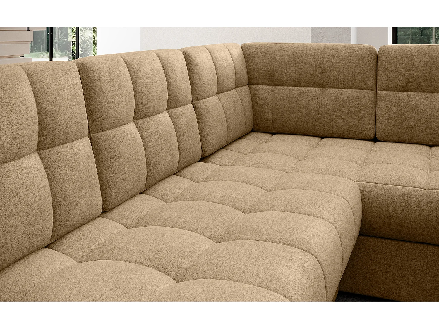 Canapé panoramique BLOOM tissu capitonné - Rangement et convertible-Beige foncé-Coffre de rangement à gauche