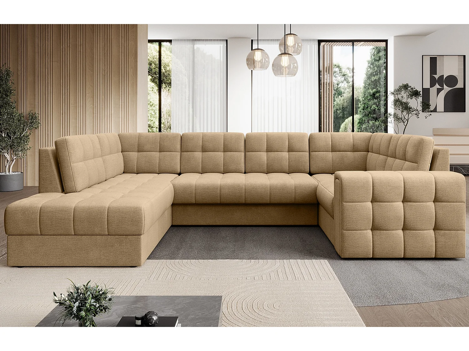 Canapé panoramique BLOOM tissu capitonné - Rangement et convertible-Beige foncé-Coffre de rangement à gauche