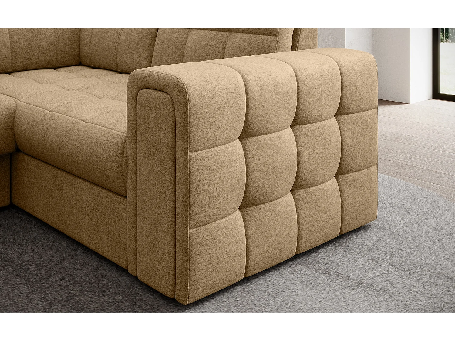 Canapé panoramique BLOOM tissu capitonné - Rangement et convertible-Beige foncé-Coffre de rangement à gauche