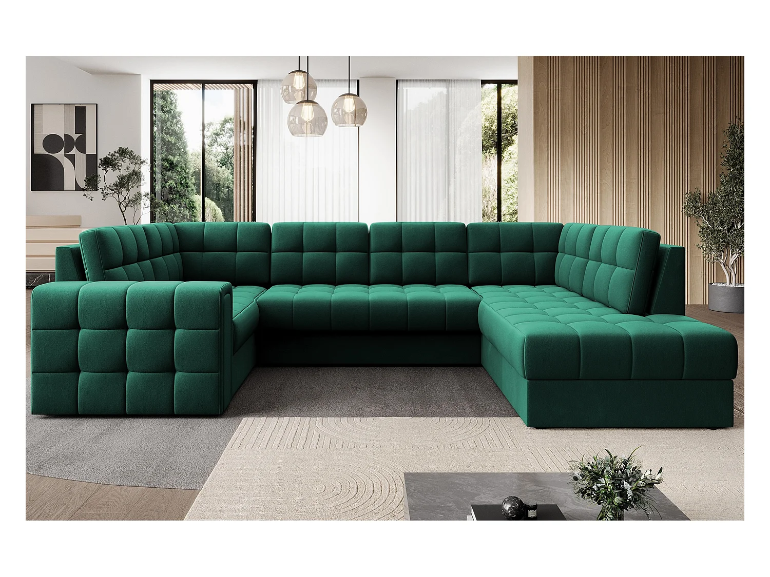 Canapé panoramique BLOOM velours capitonné - Rangement et convertible-Vert-Coffre de rangement à droite