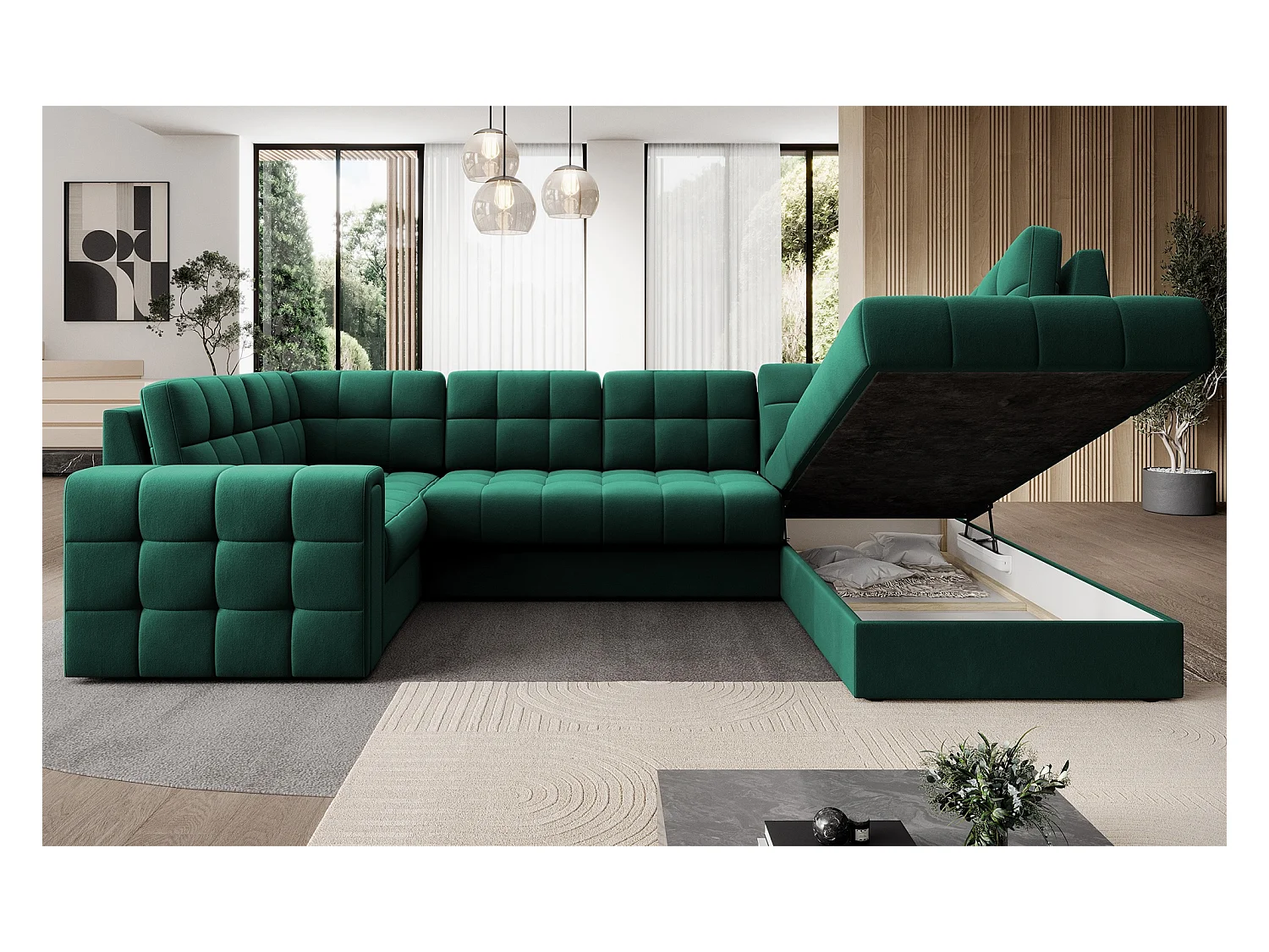 Canapé panoramique BLOOM velours capitonné - Rangement et convertible-Vert-Coffre de rangement à droite