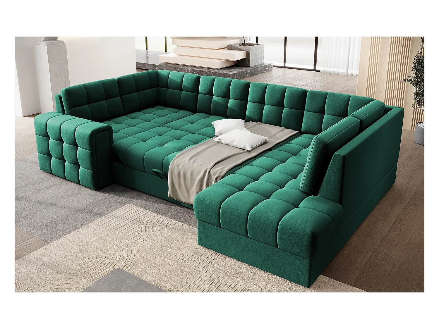 Canapé panoramique BLOOM velours capitonné - Rangement et convertible-Vert-Coffre de rangement à droite