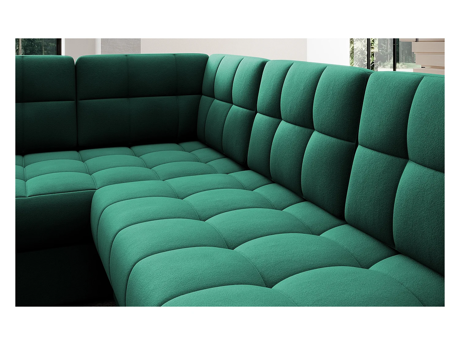 Canapé panoramique BLOOM velours capitonné - Rangement et convertible-Vert-Coffre de rangement à droite