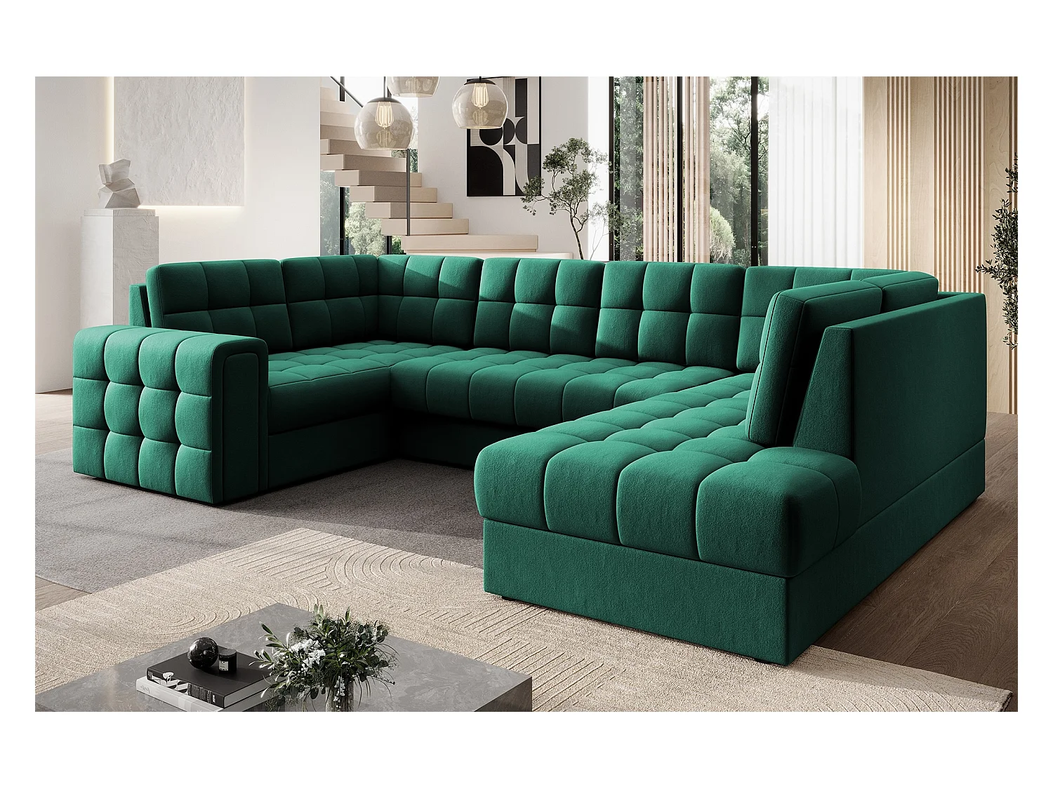 Canapé panoramique BLOOM velours capitonné - Rangement et convertible-Vert-Coffre de rangement à droite