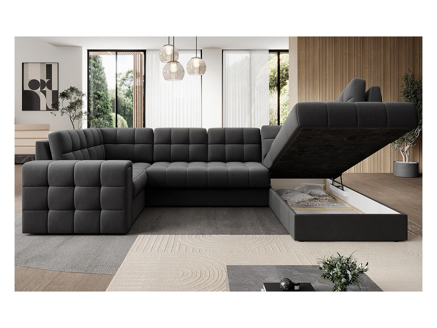 Canapé panoramique BLOOM velours capitonné - Rangement et convertible-Vert-Coffre de rangement à droite