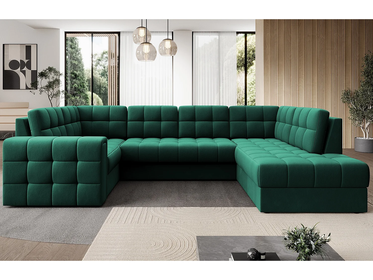 BLOOM panoramische bank in gecapitonneerd fluweel - Opbergruimte en omvormbaar-Kleur Groente-Opslagruimte naar rechts