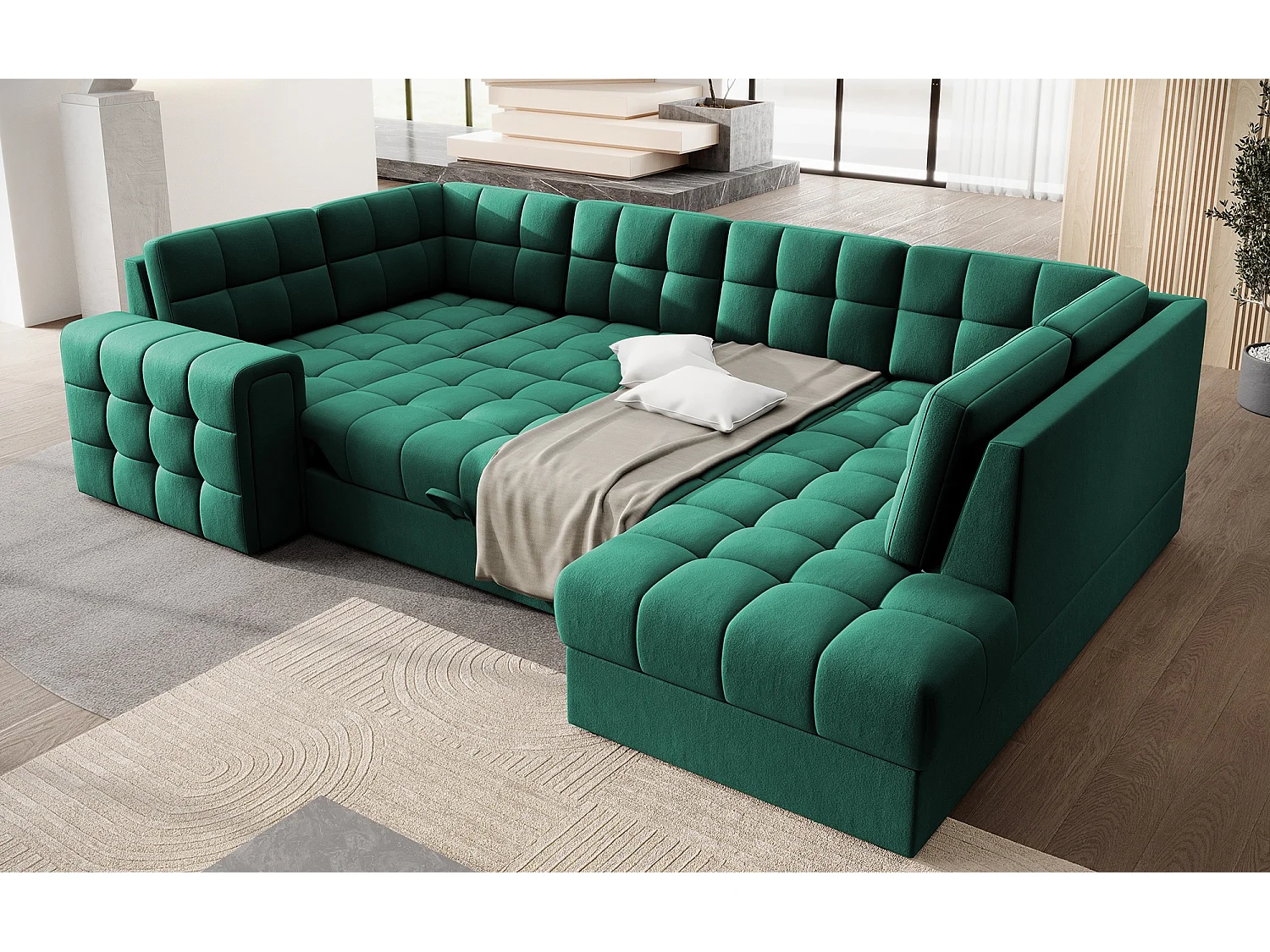 BLOOM panoramische bank in gecapitonneerd fluweel - Opbergruimte en omvormbaar-Kleur Groente-Opslagruimte naar rechts