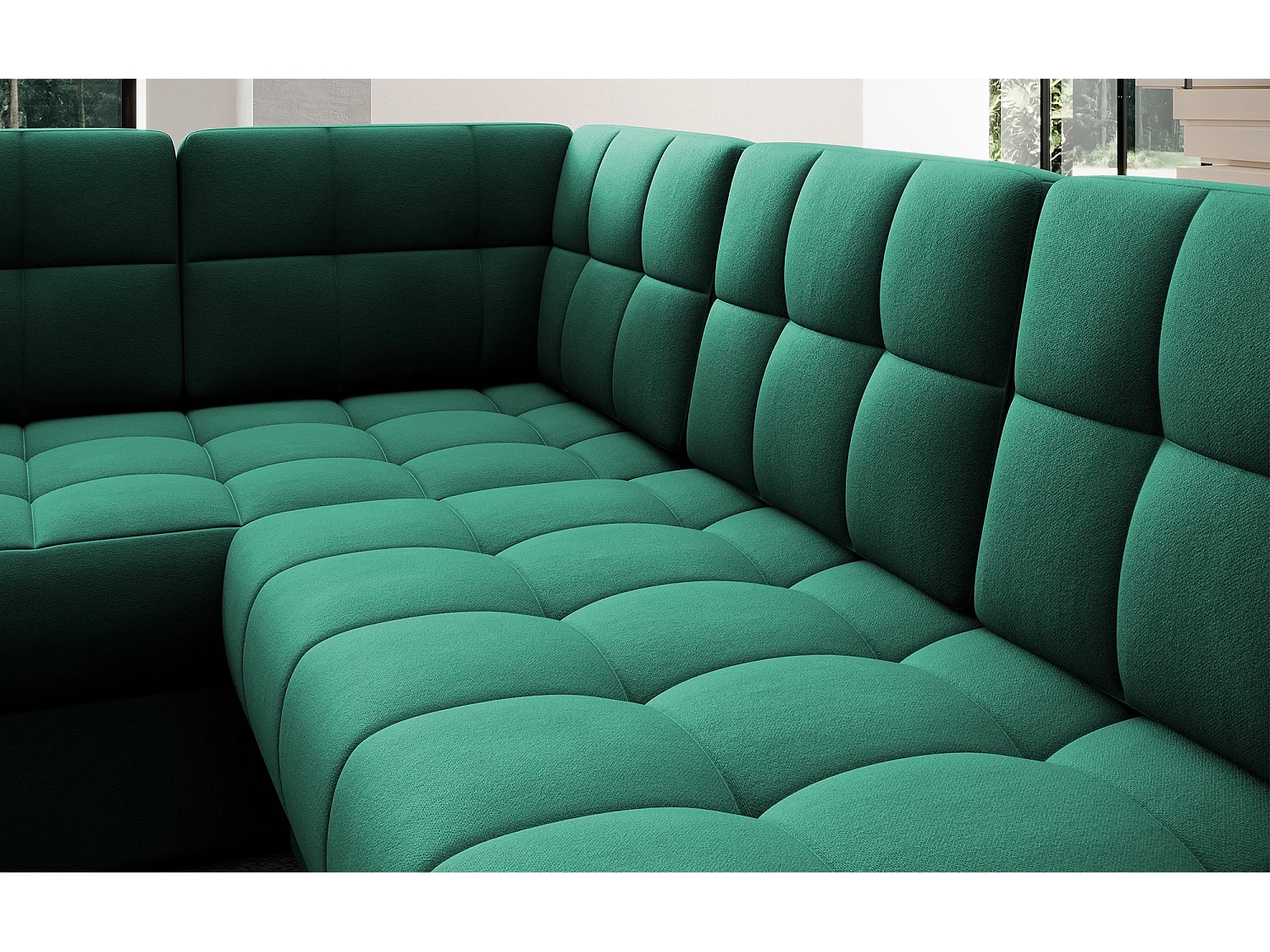 BLOOM panoramische bank in gecapitonneerd fluweel - Opbergruimte en omvormbaar-Kleur Groente-Opslagruimte naar rechts