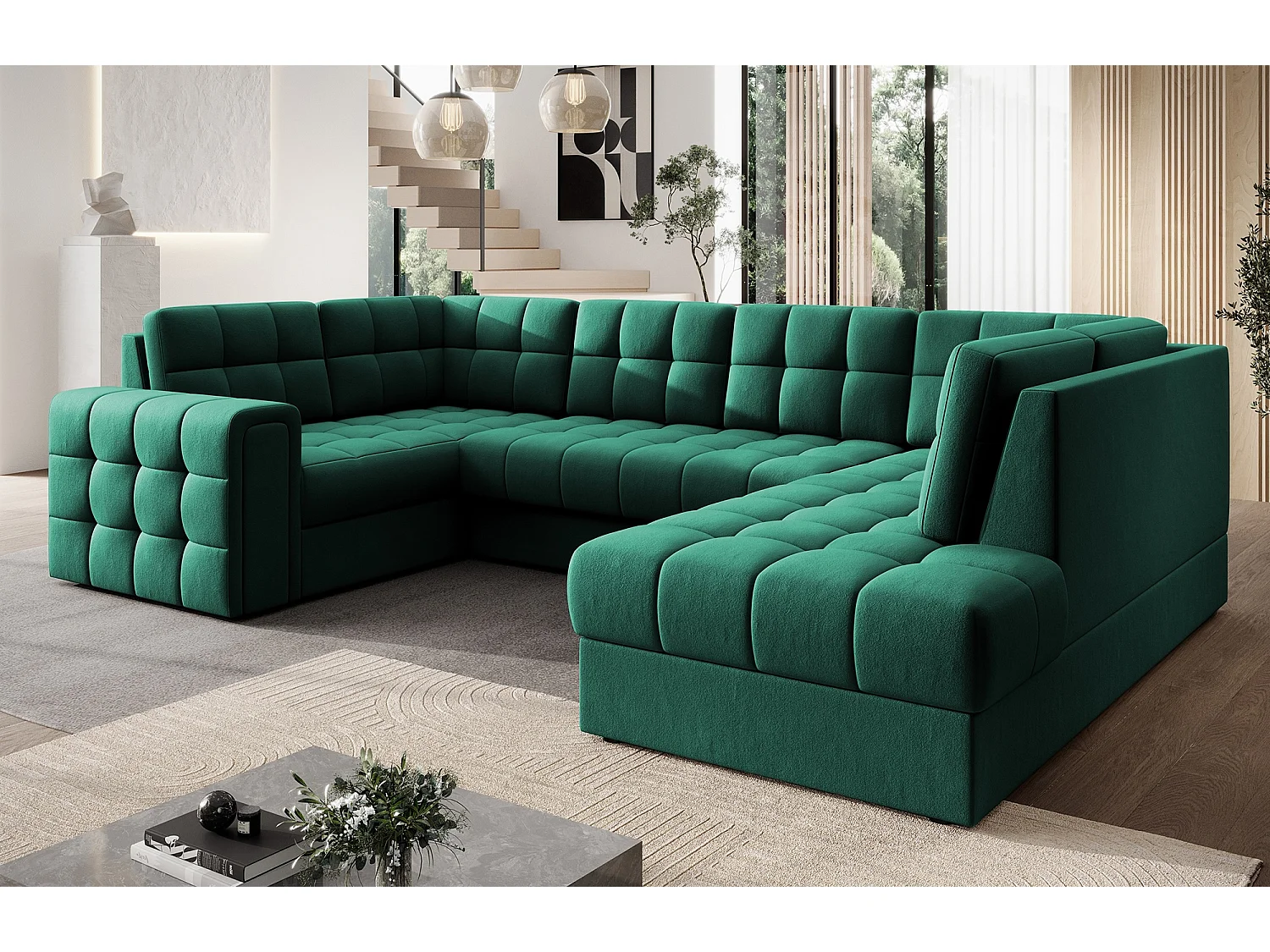 BLOOM panoramische bank in gecapitonneerd fluweel - Opbergruimte en omvormbaar-Kleur Groente-Opslagruimte naar rechts